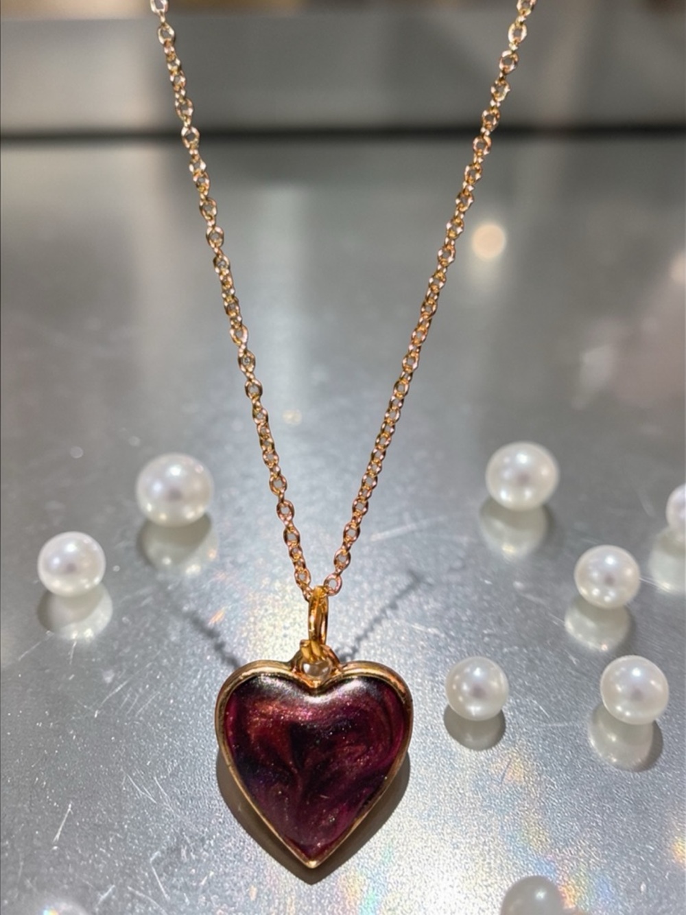 Handmade Resin Heart Necklace Gold Chain Sparkle Pendant Gift - Picture 6 of 6